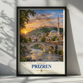 Prizren Kosovo Travel Poster, Stone Bridge Mosque Fortress Sunset (Print)