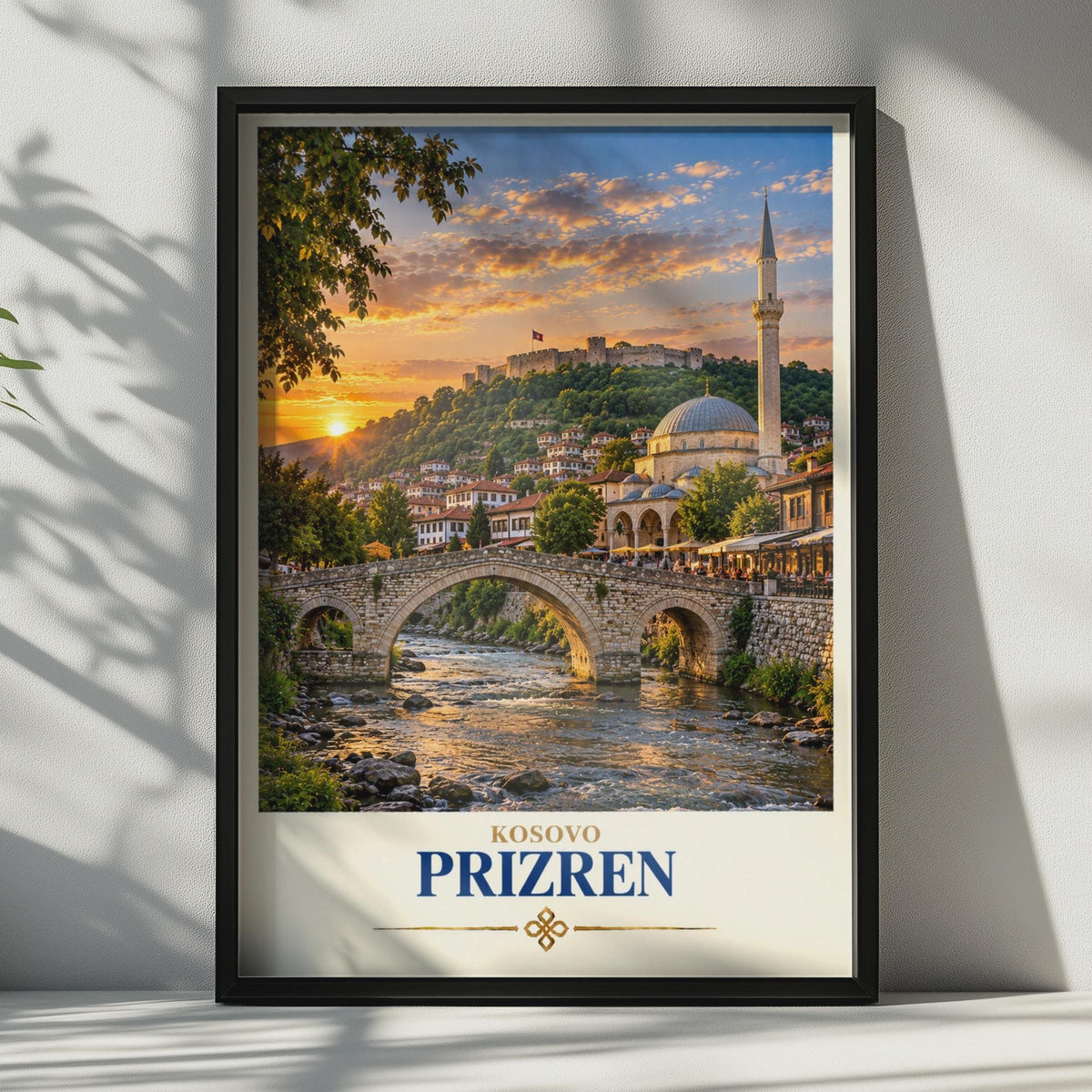 Prizren Kosovo Travel Poster, Stone Bridge Mosque Fortress Sunset (Print)