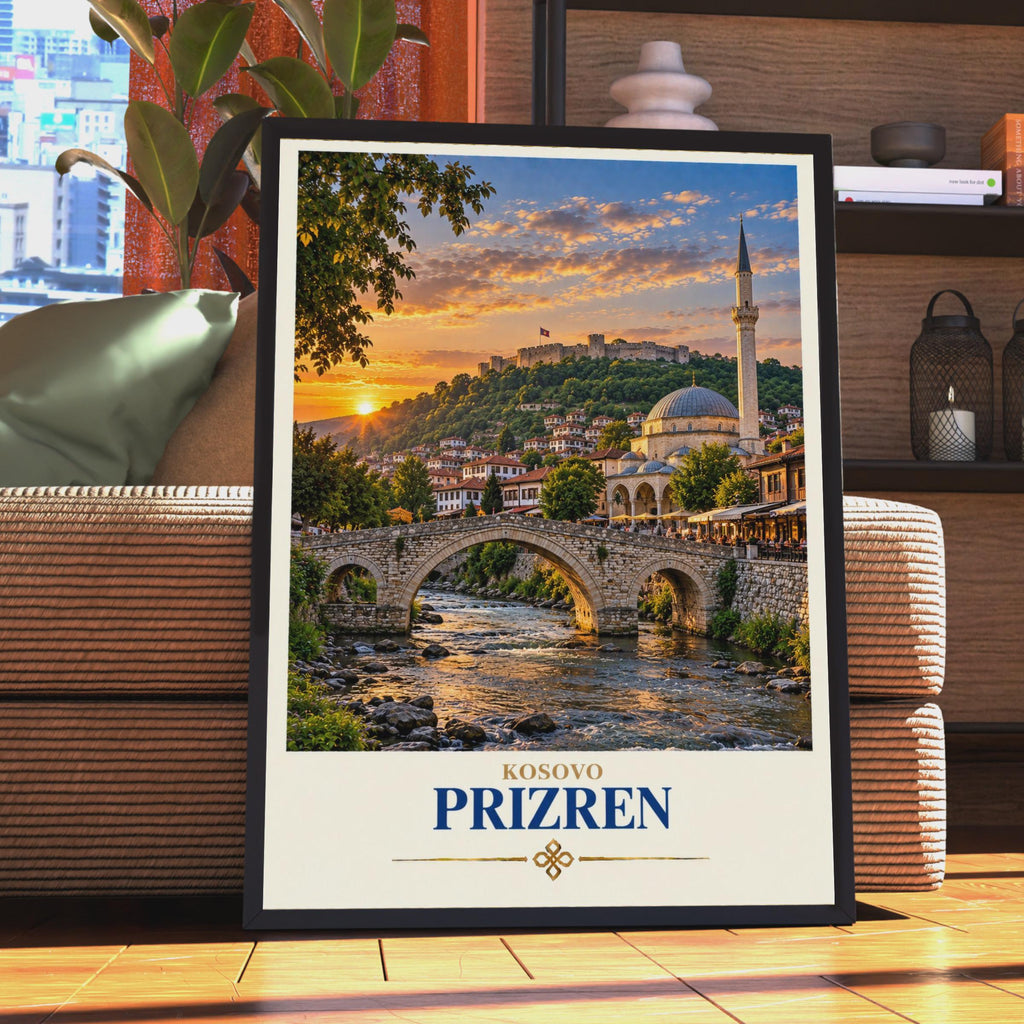 Prizren Kosovo Travel Poster, Stone Bridge Mosque Fortress Sunset (Print)