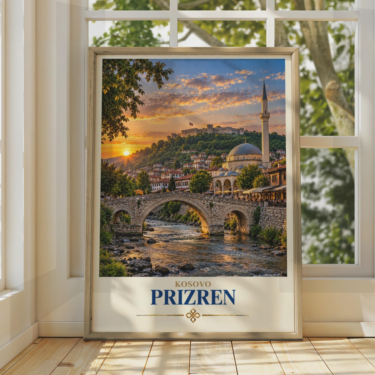Prizren Kosovo Travel Poster, Stone Bridge Mosque Fortress Sunset (Print)