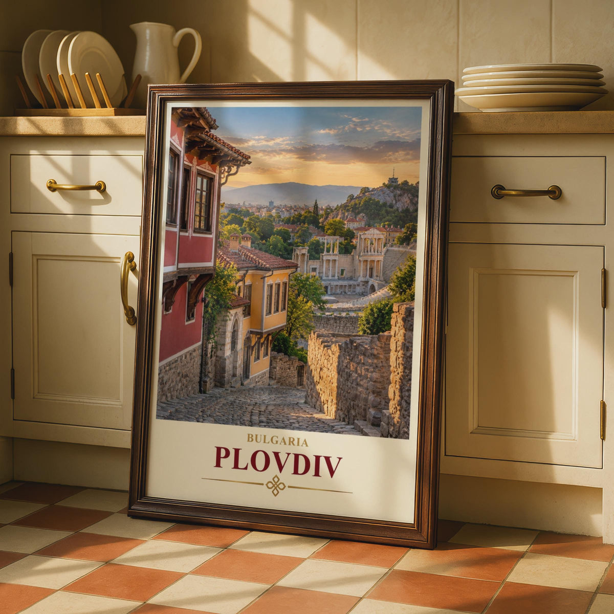 Plovdiv Bulgaria Travel Poster, Roman Theatre, National Revival Houses, Sunset City Art (Printed Poster)