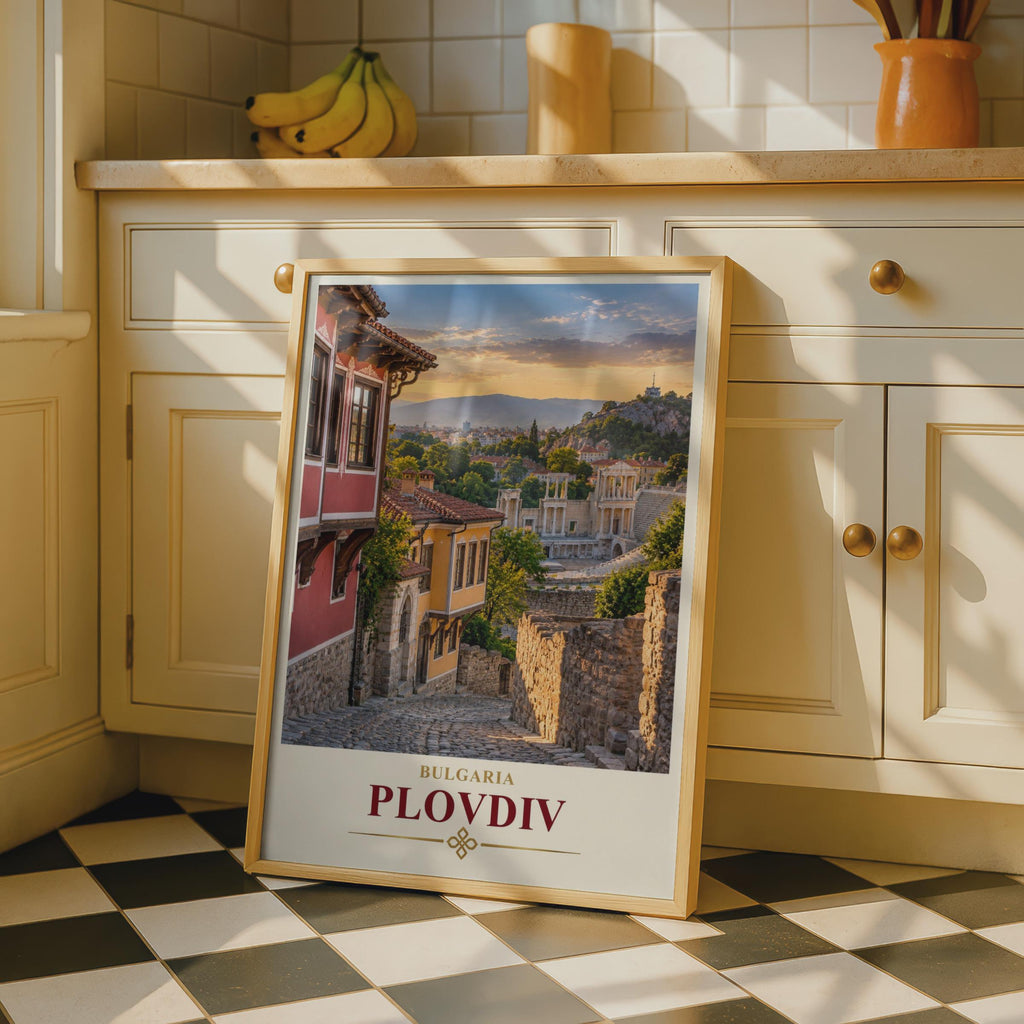 Plovdiv Bulgaria Travel Poster, Roman Theatre, National Revival Houses, Sunset City Art (Printed Poster)