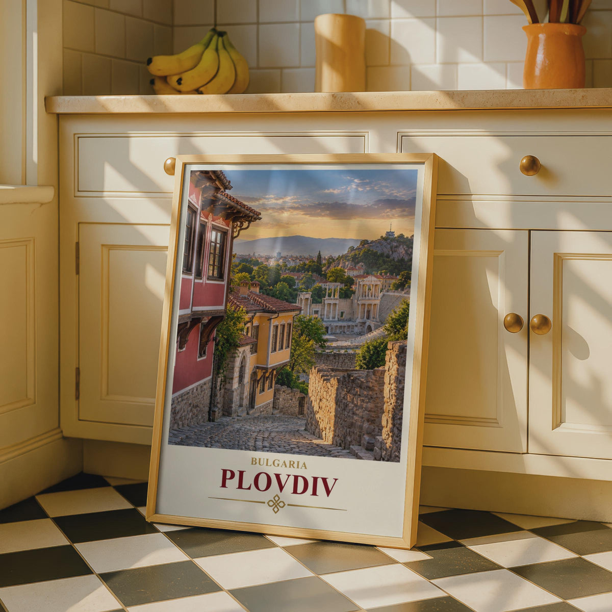 Plovdiv Bulgaria Travel Poster, Roman Theatre, National Revival Houses, Sunset City Art (Printed Poster)