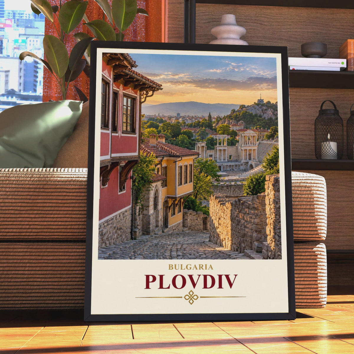 Plovdiv Bulgaria Travel Poster, Roman Theatre, National Revival Houses, Sunset City Art (Printed Poster)