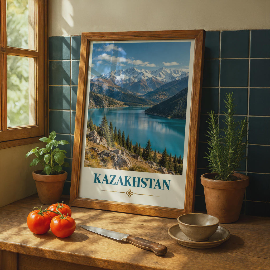 Kazakhstan Travel Poster, Tian Shan Mountain Lake Print, Central Asia Wall Art