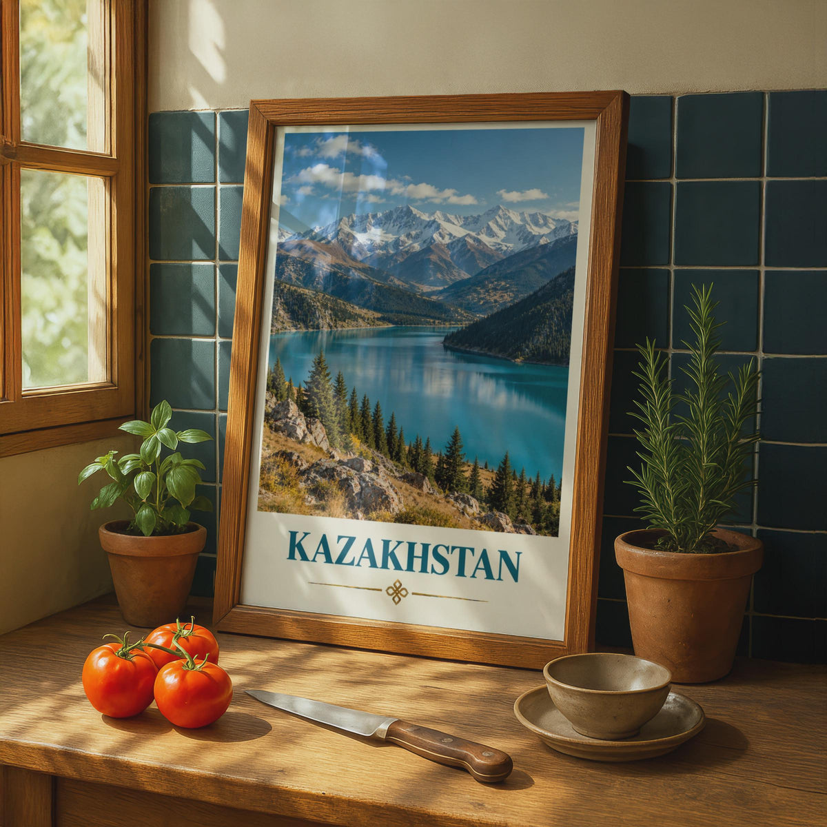 Kazakhstan Travel Poster, Tian Shan Mountain Lake Print, Central Asia Wall Art