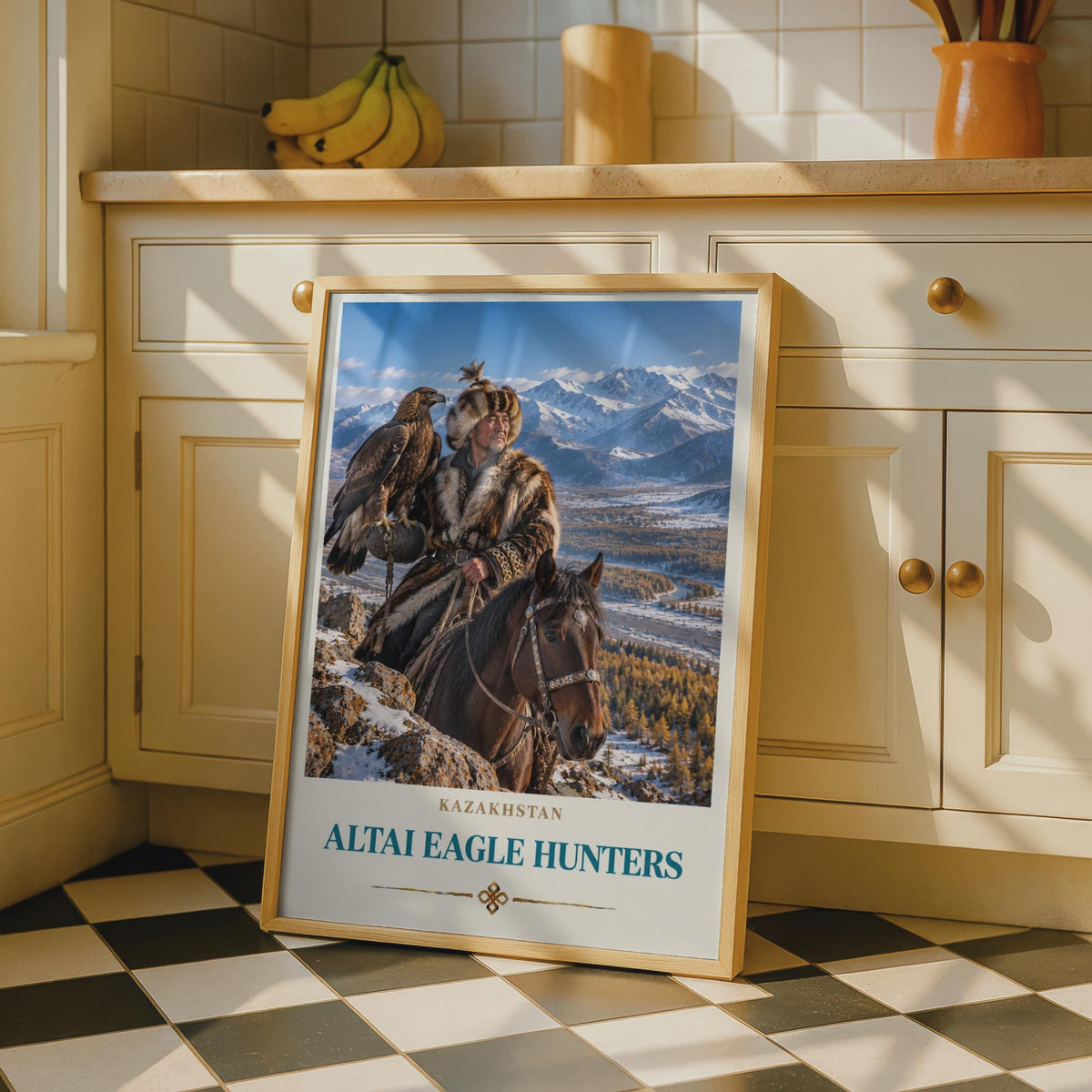 Kazakhstan Altai Eagle Hunters Poster, Central Asia Falconry Wall Art (Print)