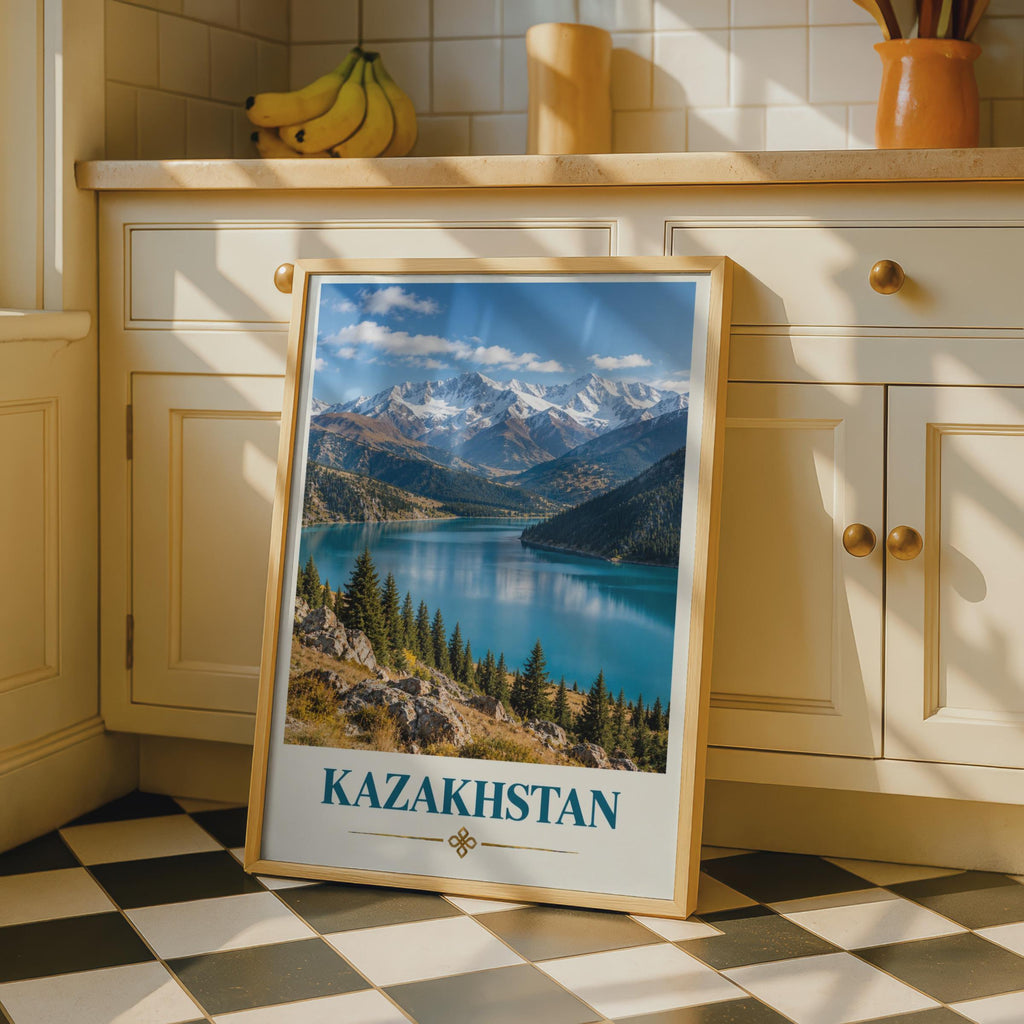 Kazakhstan Travel Poster, Tian Shan Mountain Lake Print, Central Asia Wall Art