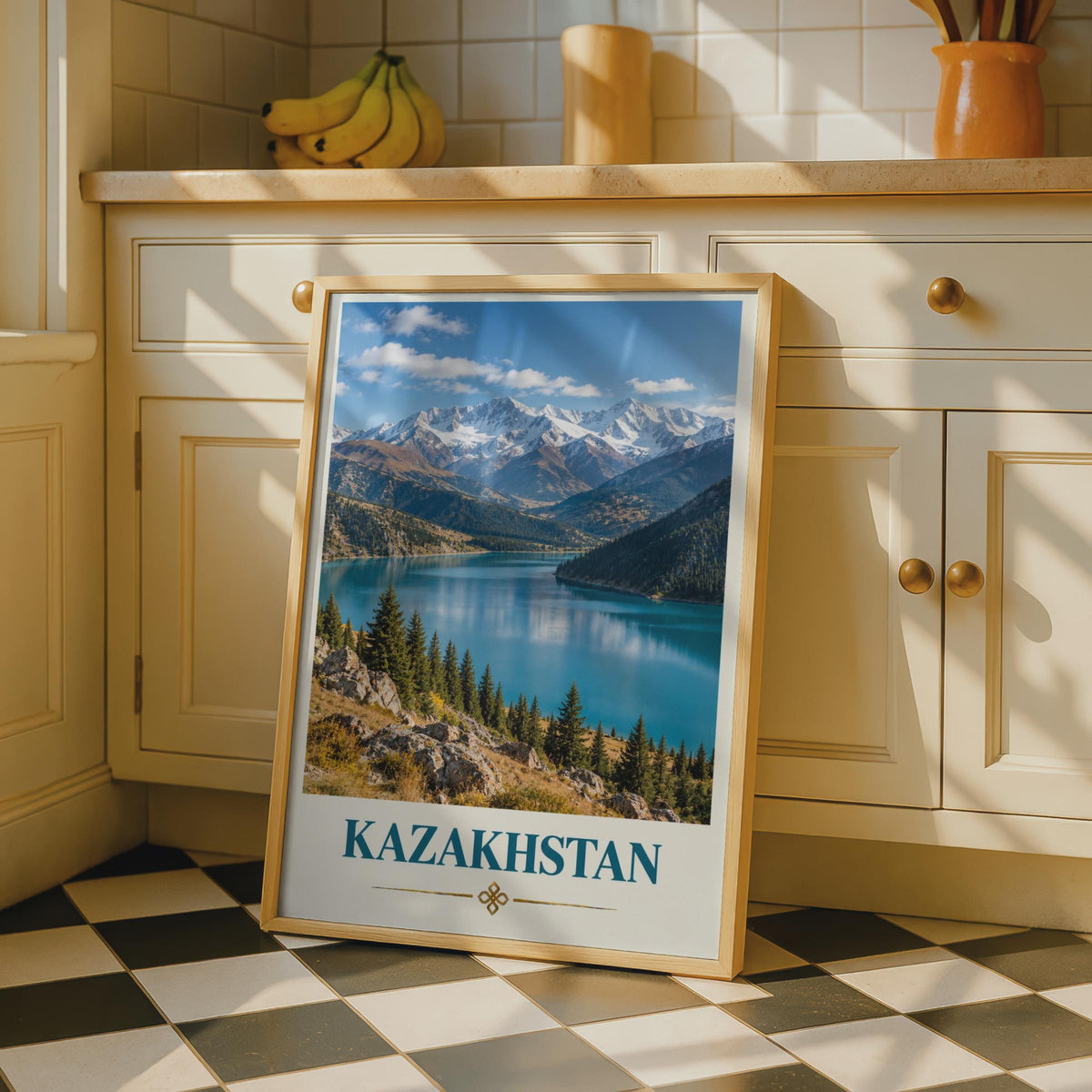 Kazakhstan Travel Poster, Tian Shan Mountain Lake Print, Central Asia Wall Art