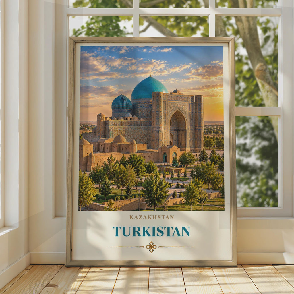 Turkistan Mausoleum Travel Poster, Teal Dome Architecture, Central Asia Wall Art (Print)