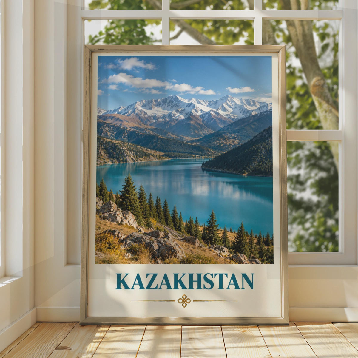 Kazakhstan Travel Poster, Tian Shan Mountain Lake Print, Central Asia Wall Art