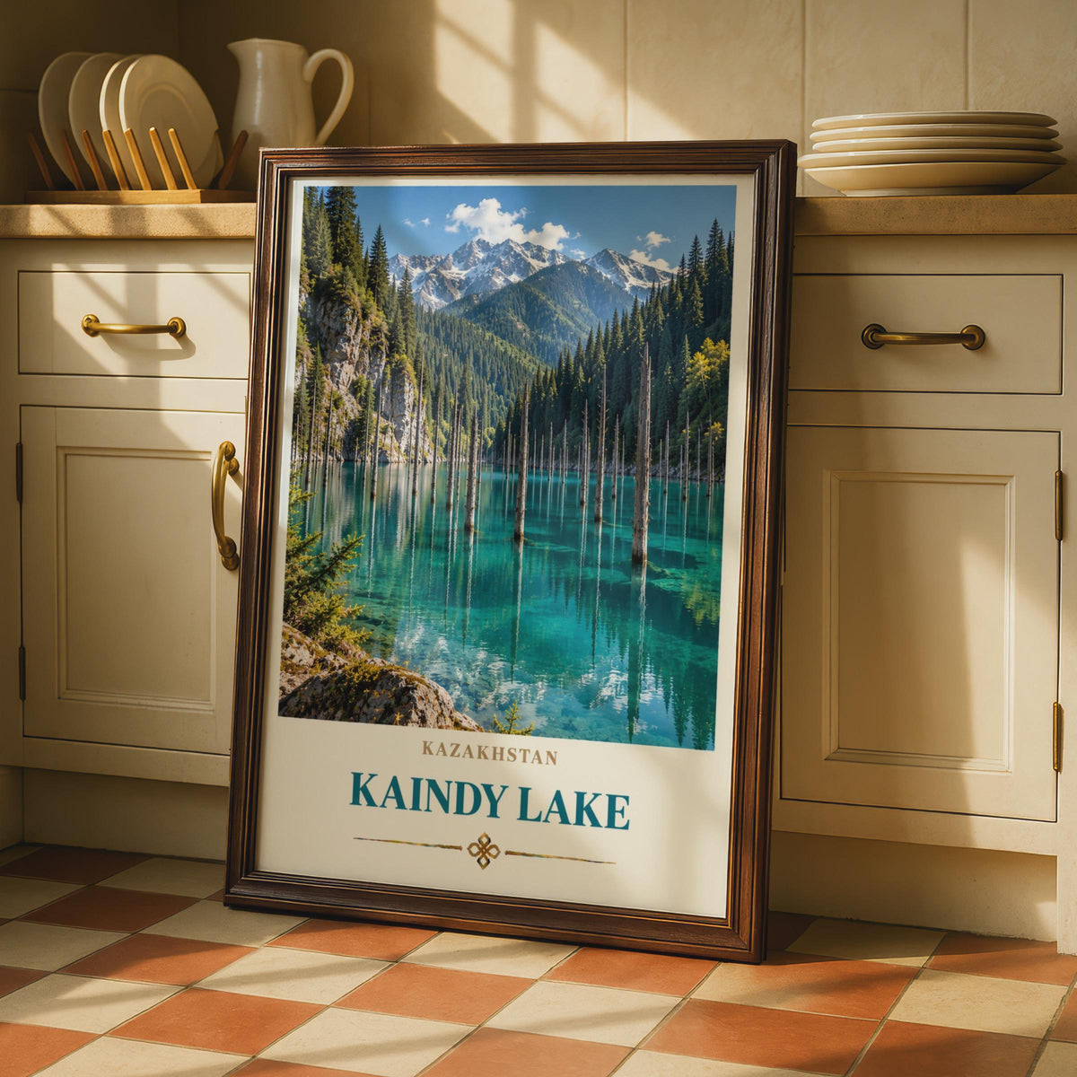 Kaindy Lake Travel Poster, Submerged Forest, Teal Mountain Lake Print (Central Asia Wall Art)