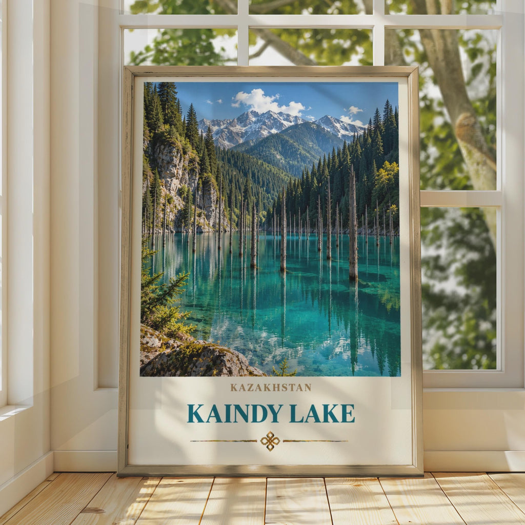 Kaindy Lake Travel Poster, Submerged Forest, Teal Mountain Lake Print (Central Asia Wall Art)