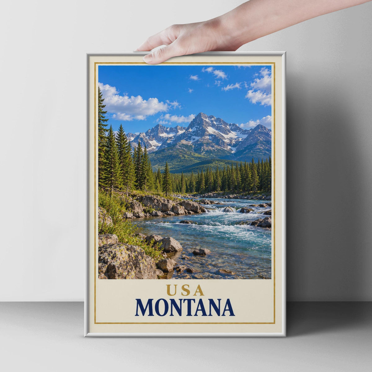 Montana Travel Poster, Rocky Mountain River Landscape, Pine Forest Wall Art (Physical Print)