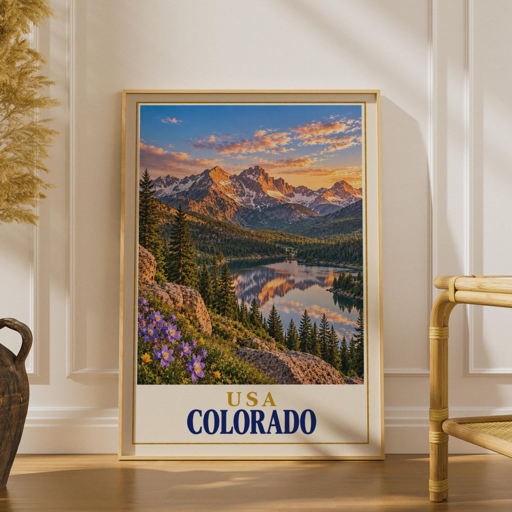 Colorado Rocky Mountain Sunset Print, Alpine Lake Wildflowers, Retro Travel Poster (Physical Print)