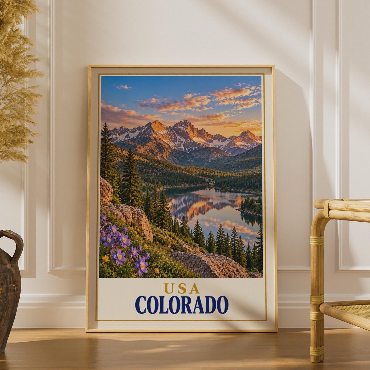 Colorado Rocky Mountain Sunset Print, Alpine Lake Wildflowers, Retro Travel Poster (Physical Print)