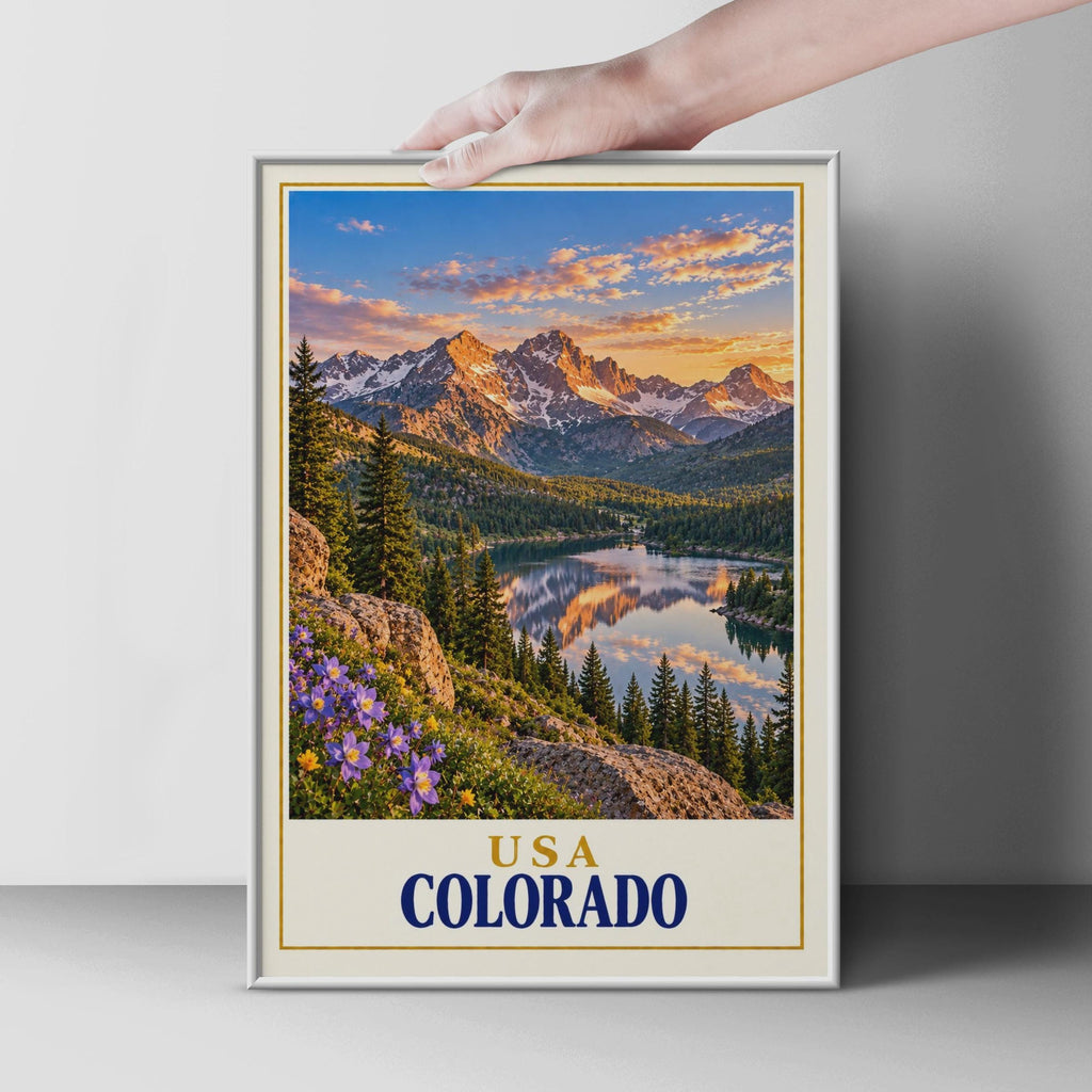 Colorado Rocky Mountain Sunset Print, Alpine Lake Wildflowers, Retro Travel Poster (Physical Print)