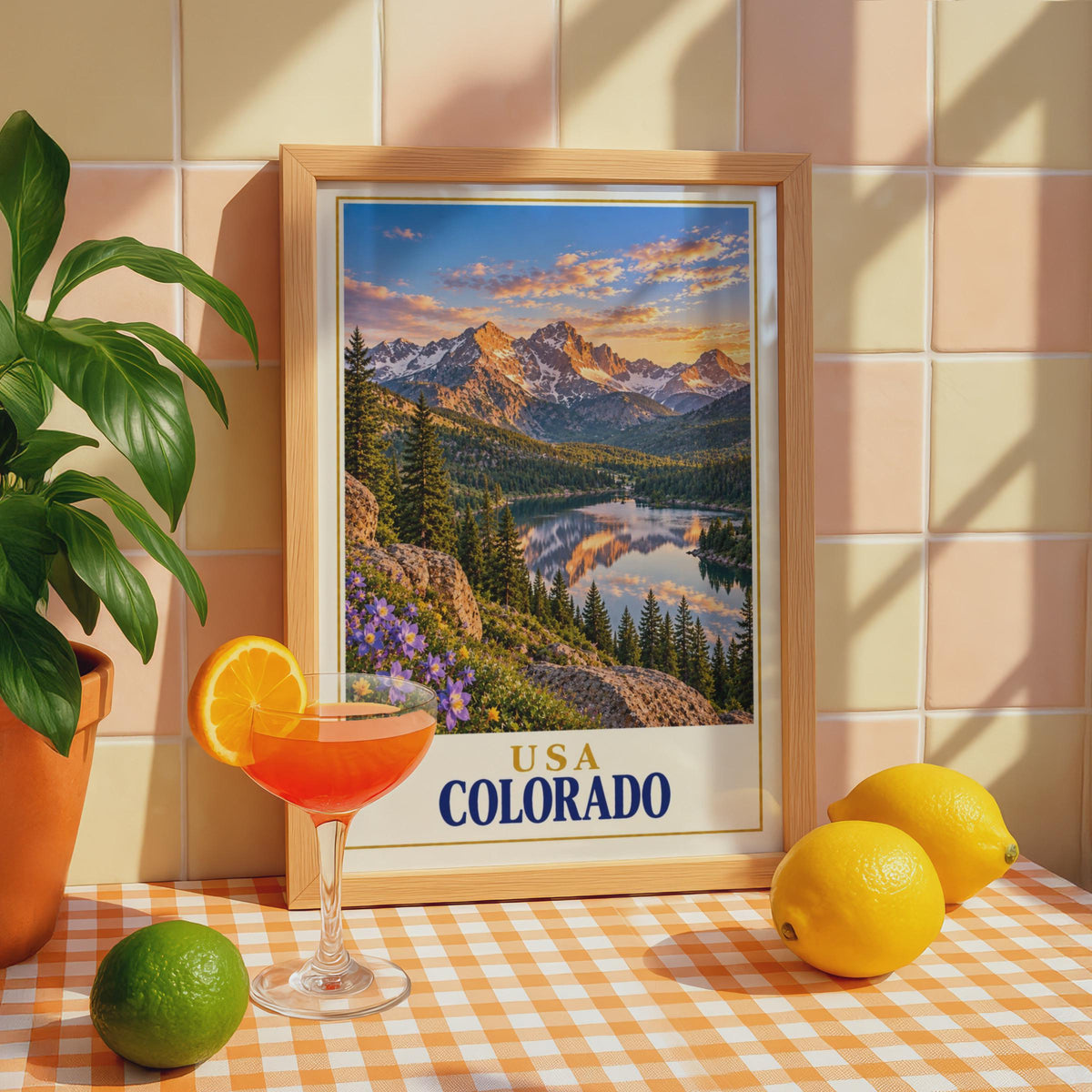 Colorado Rocky Mountain Sunset Print, Alpine Lake Wildflowers, Retro Travel Poster (Physical Print)