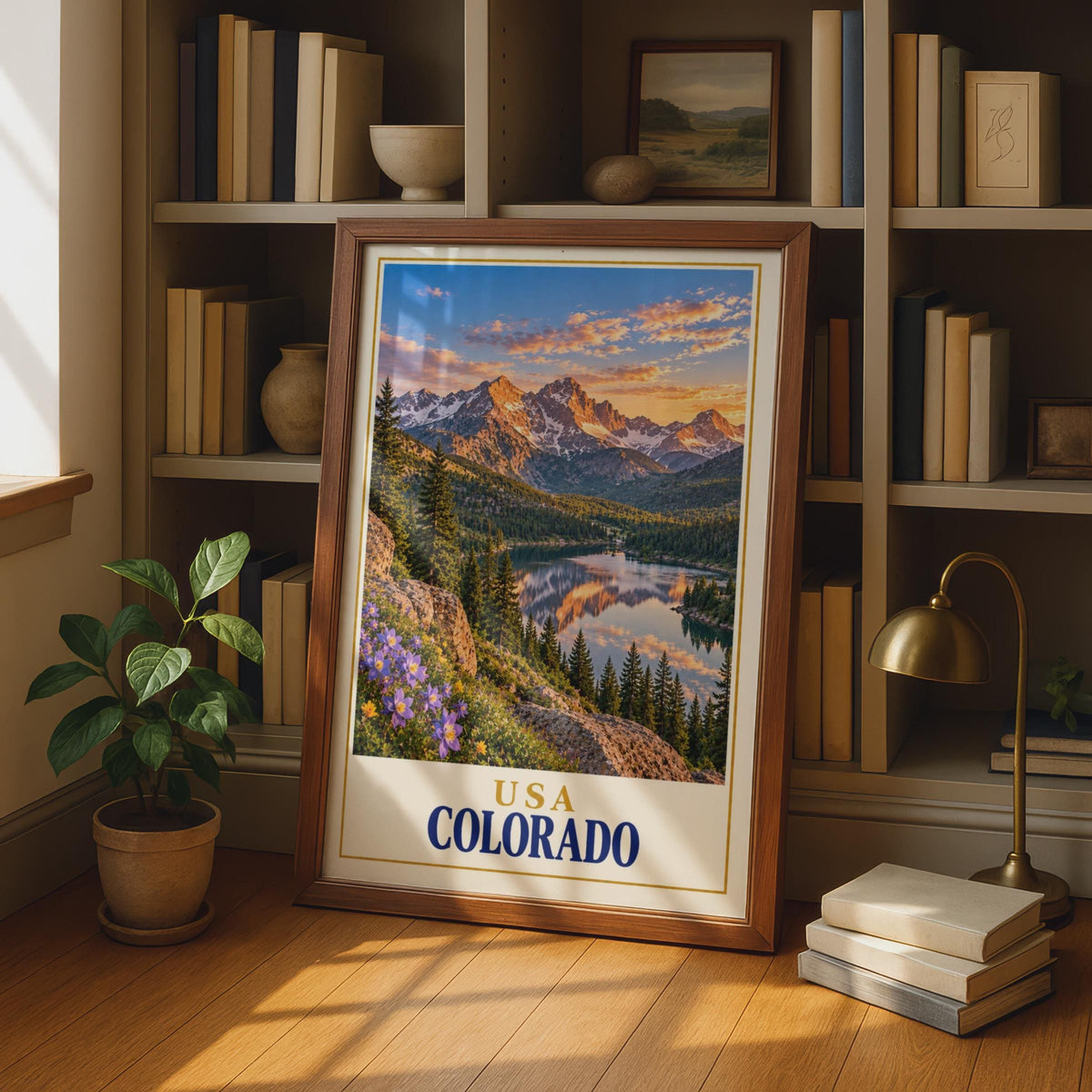 Colorado Rocky Mountain Sunset Print, Alpine Lake Wildflowers, Retro Travel Poster (Physical Print)