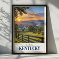 Kentucky Travel Poster, Horse Farm Sunset, Bluegrass State Barn Landscape Print