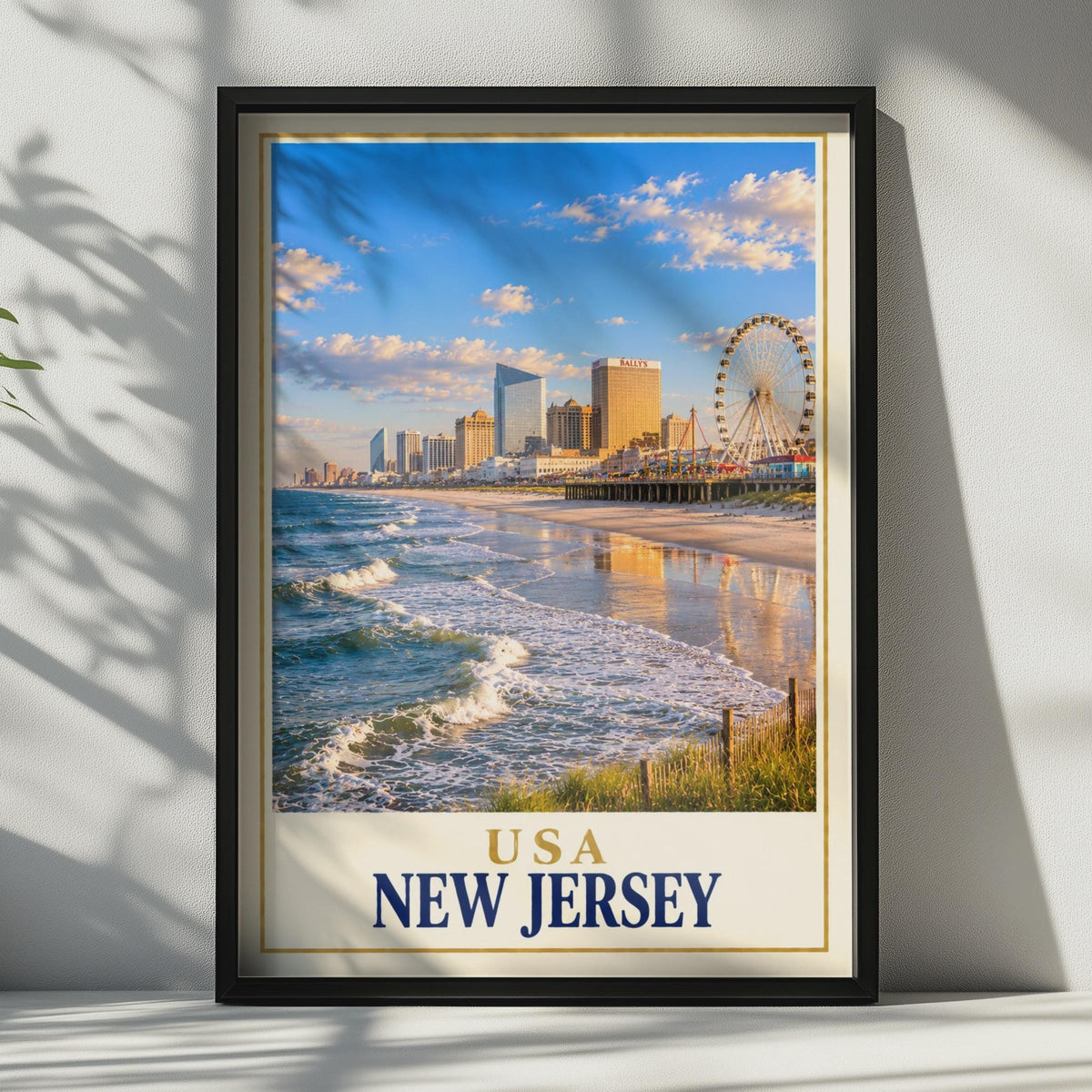 New Jersey Atlantic City Travel Poster, Boardwalk Skyline, Ferris Wheel (Printed)