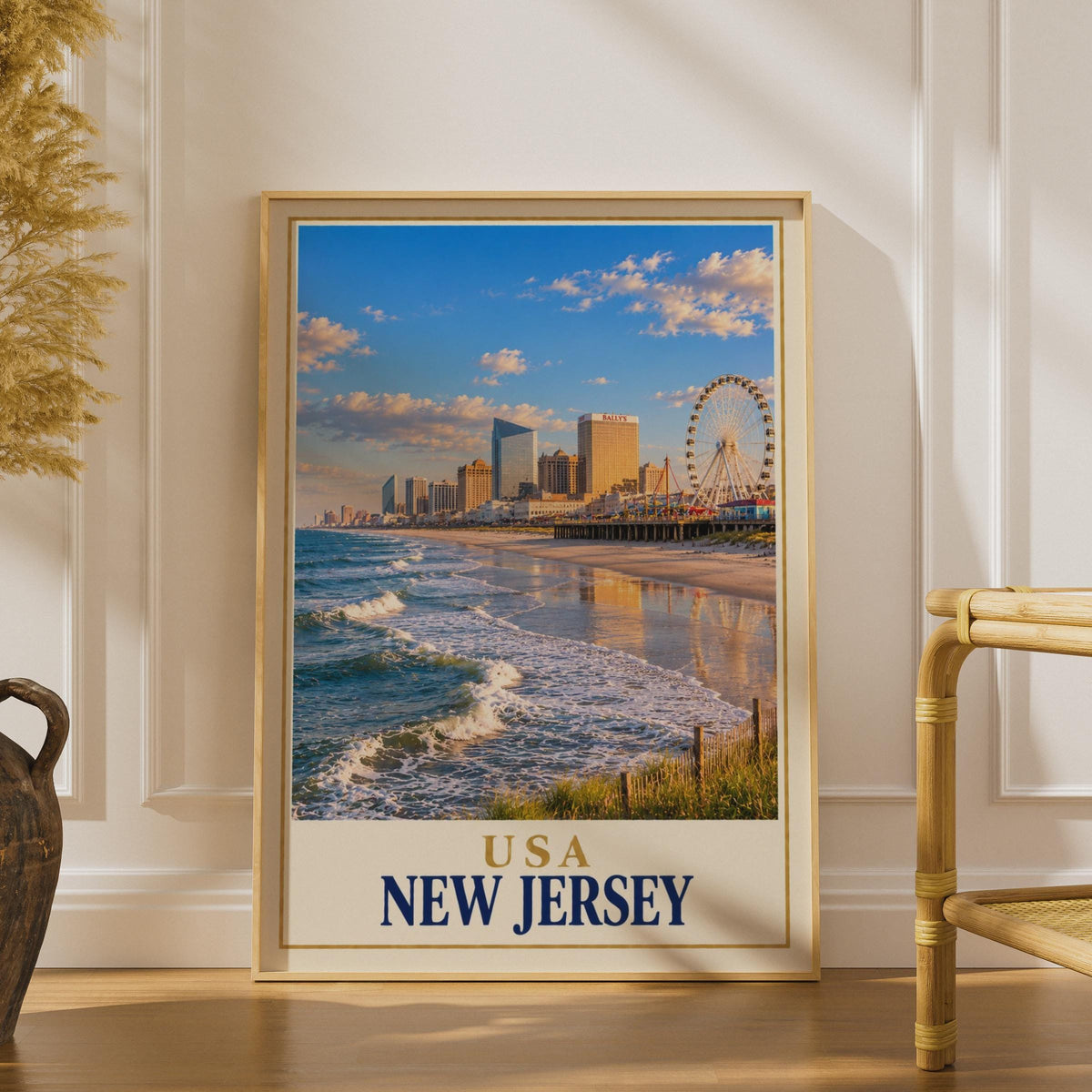 New Jersey Atlantic City Travel Poster, Boardwalk Skyline, Ferris Wheel (Printed)