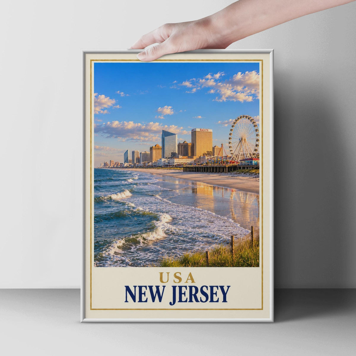 New Jersey Atlantic City Travel Poster, Boardwalk Skyline, Ferris Wheel (Printed)
