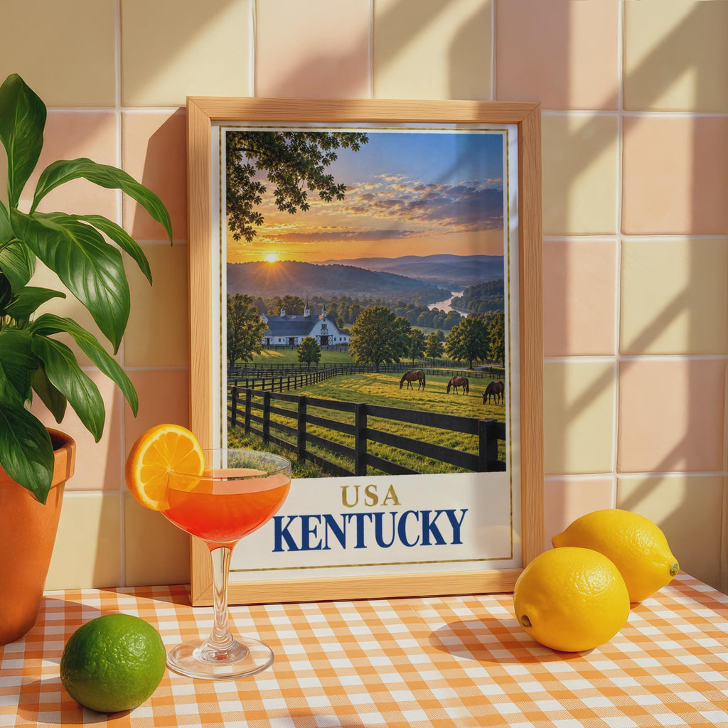 Kentucky Travel Poster, Horse Farm Sunset, Bluegrass State Barn Landscape Print