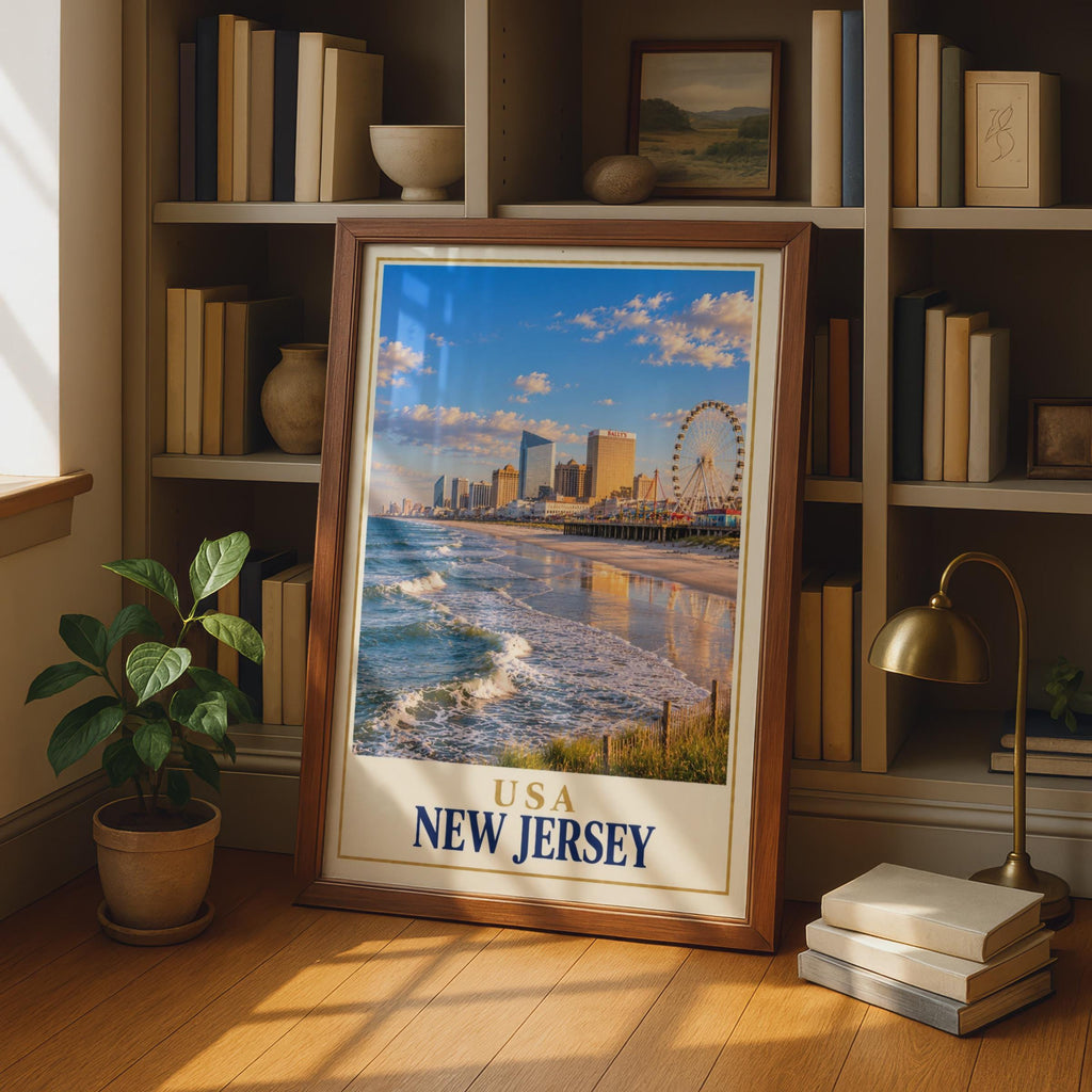 New Jersey Atlantic City Travel Poster, Boardwalk Skyline, Ferris Wheel (Printed)