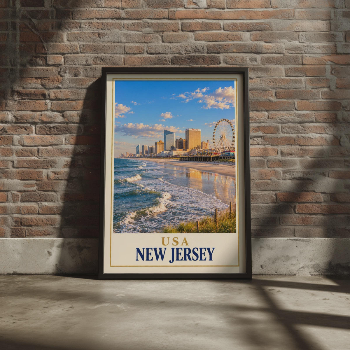New Jersey Atlantic City Travel Poster, Boardwalk Skyline, Ferris Wheel (Printed)
