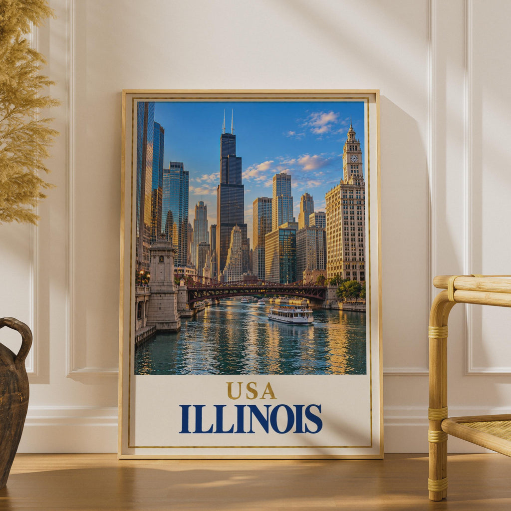 Chicago River Skyline Poster, Willis Tower, Vintage Style Wall Art (Printed)