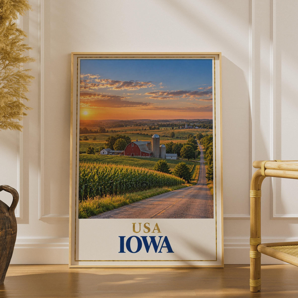 Iowa USA Travel Poster, Red Barn Cornfield Sunset, Midwest Farmland Print