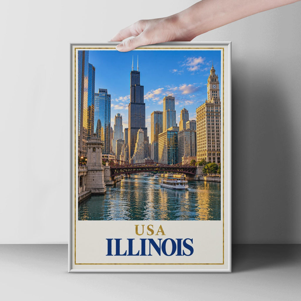 Chicago River Skyline Poster, Willis Tower, Vintage Style Wall Art (Printed)
