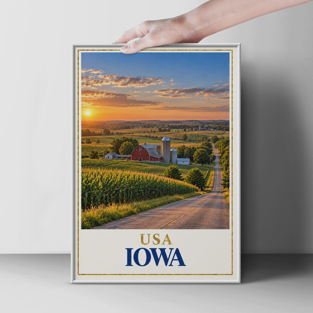 Iowa USA Travel Poster, Red Barn Cornfield Sunset, Midwest Farmland Print