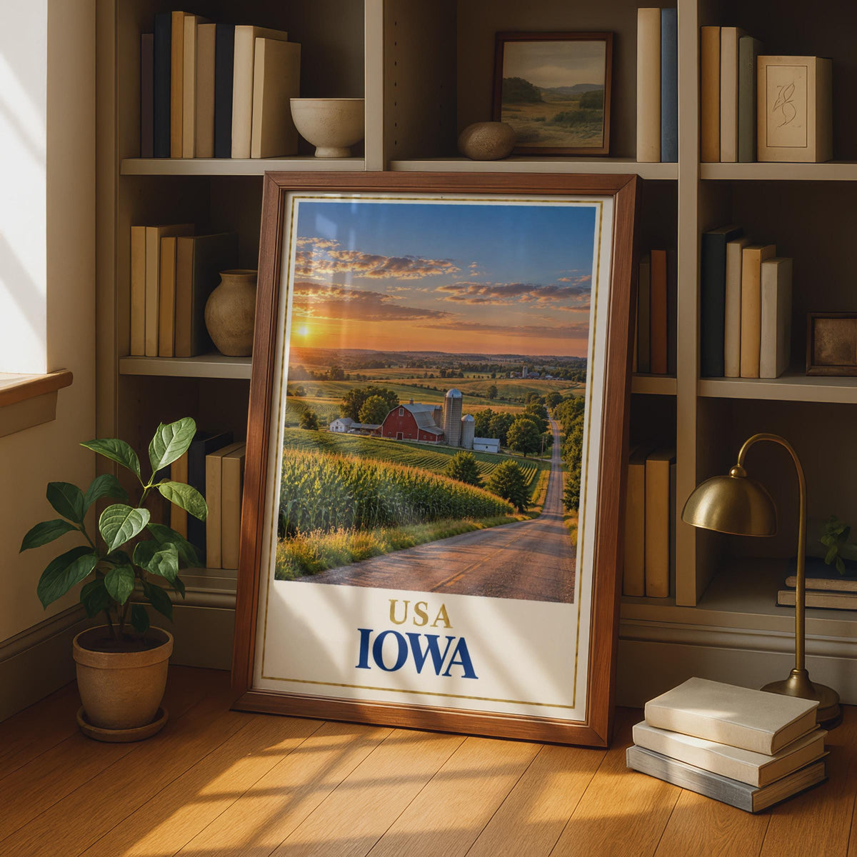 Iowa USA Travel Poster, Red Barn Cornfield Sunset, Midwest Farmland Print
