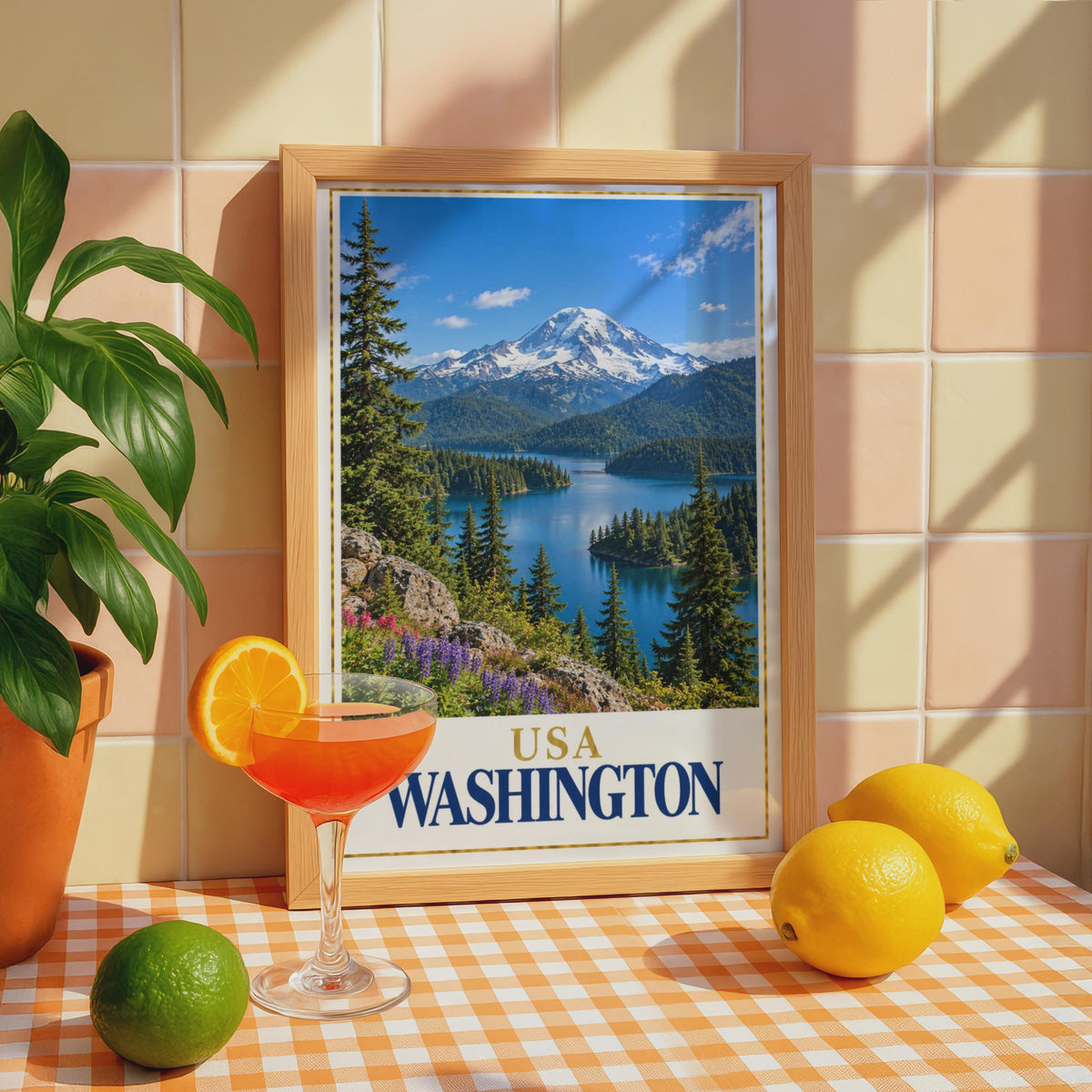 Washington State Travel Poster, Mount Rainier Lake Landscape Print (Physical)