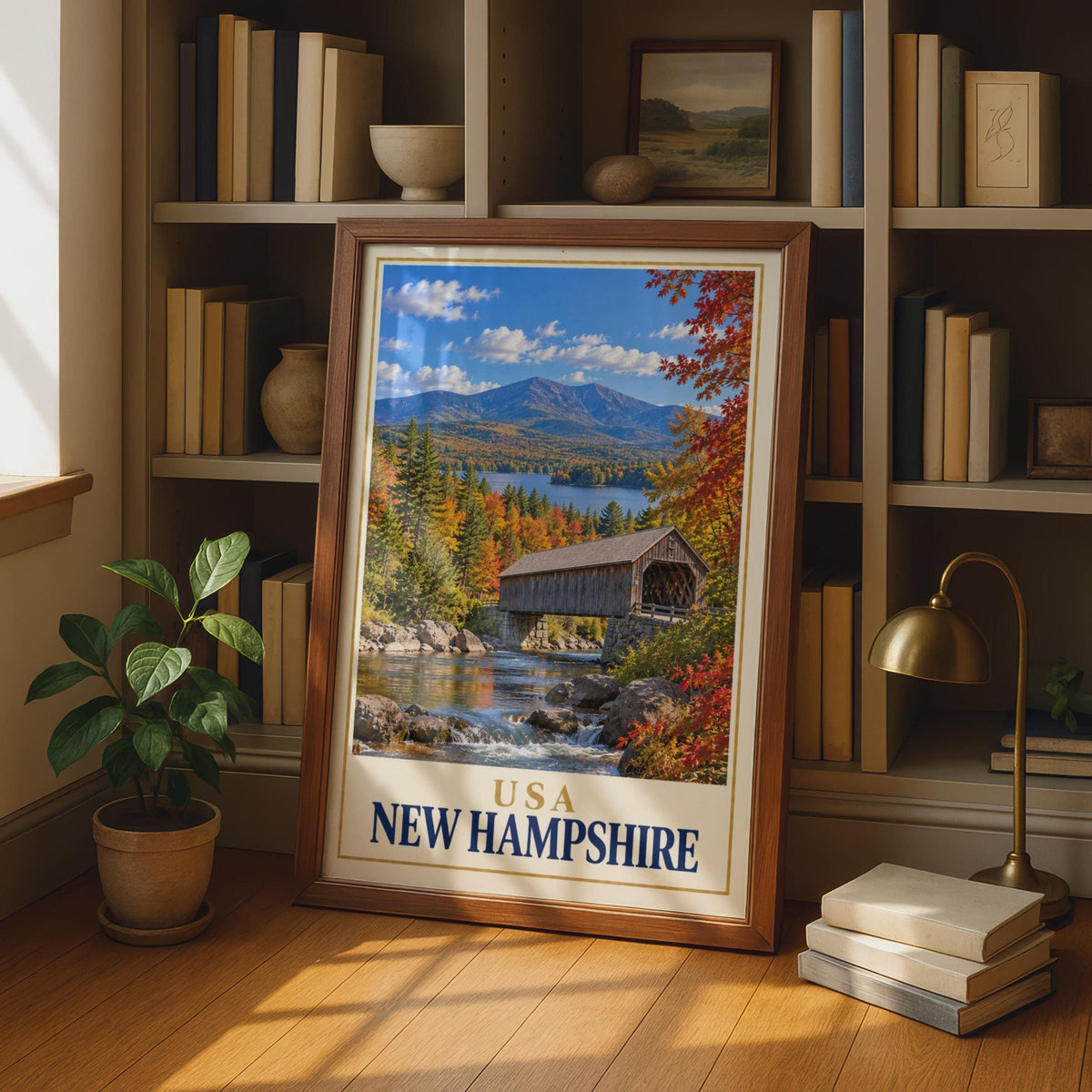 New Hampshire Travel Poster, Covered Bridge Autumn Foliage, Mountain Lake Print (Physical)