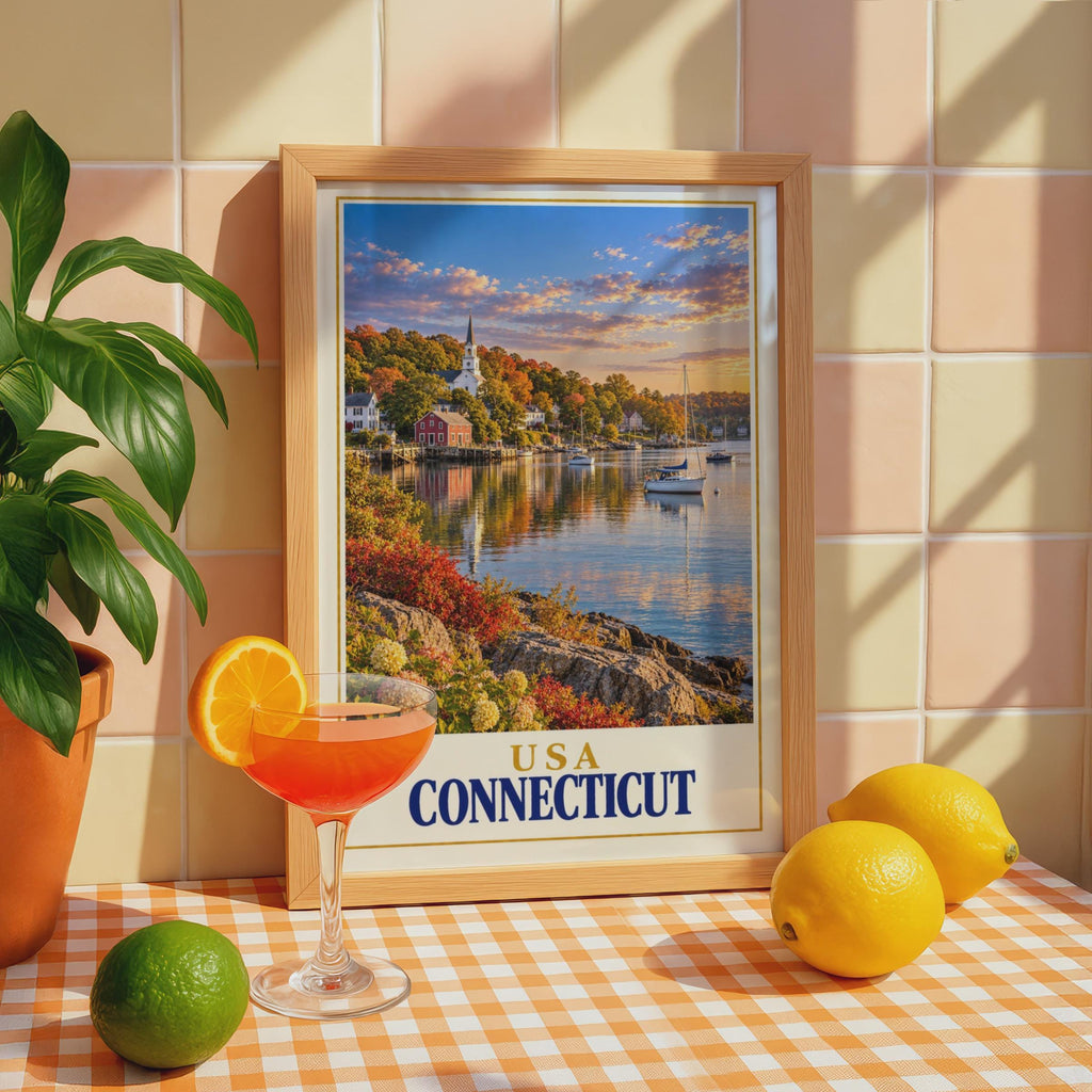 Connecticut USA Travel Poster, New England Harbour Sunset, Sailboat Church Coastal Art (Print)