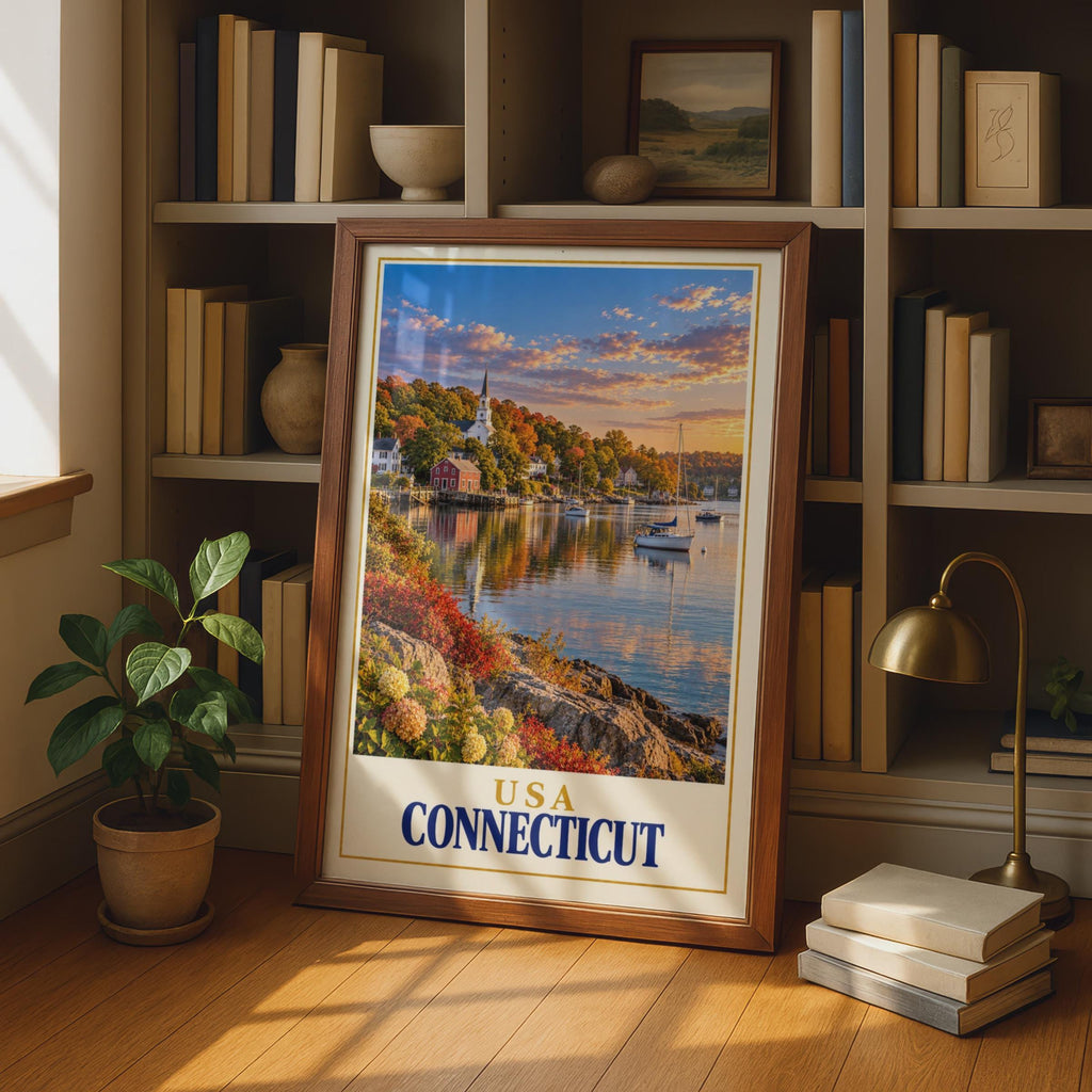 Connecticut USA Travel Poster, New England Harbour Sunset, Sailboat Church Coastal Art (Print)