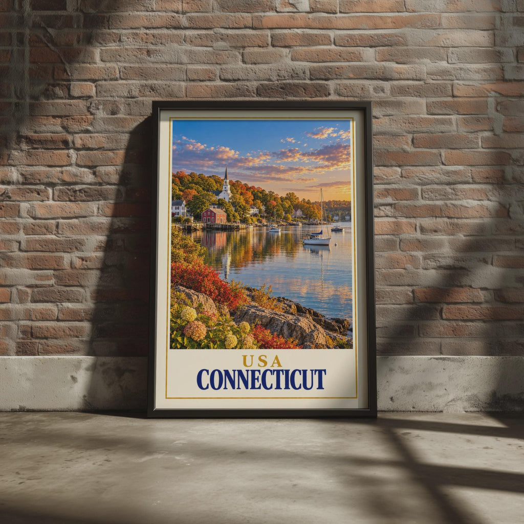 Connecticut USA Travel Poster, New England Harbour Sunset, Sailboat Church Coastal Art (Print)