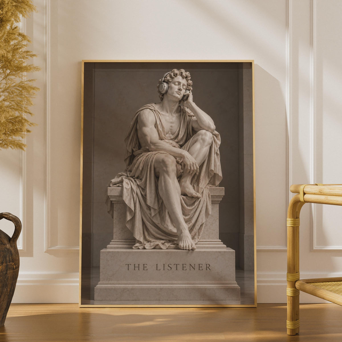 The Listener Greek Statue Poster, Classical Marble Sculpture with Headphones, Neoclassical Music Art Print