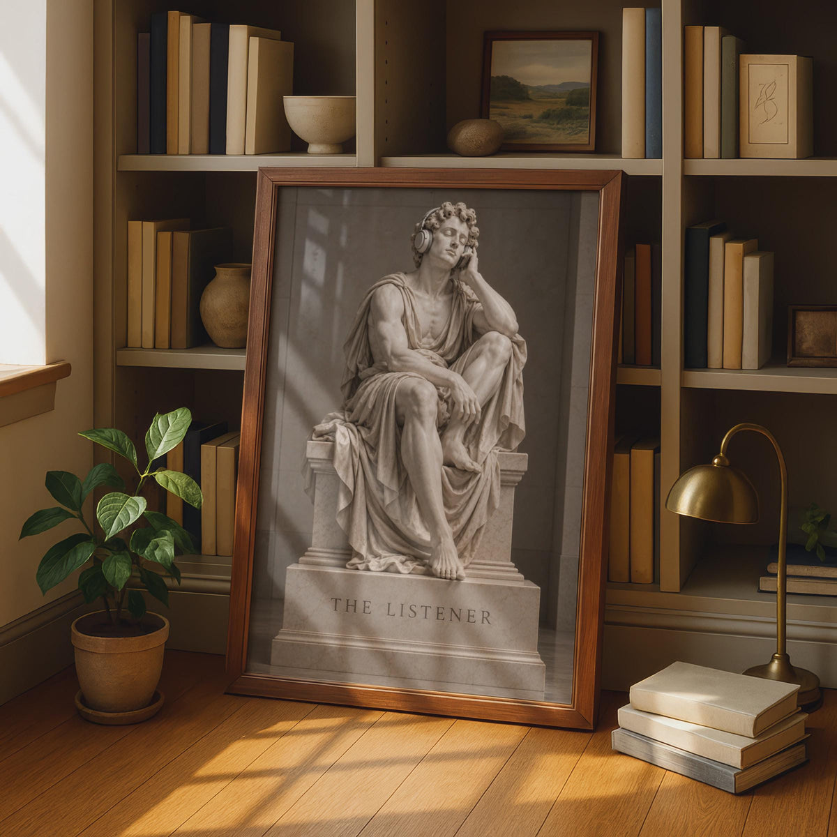 The Listener Greek Statue Poster, Classical Marble Sculpture with Headphones, Neoclassical Music Art Print