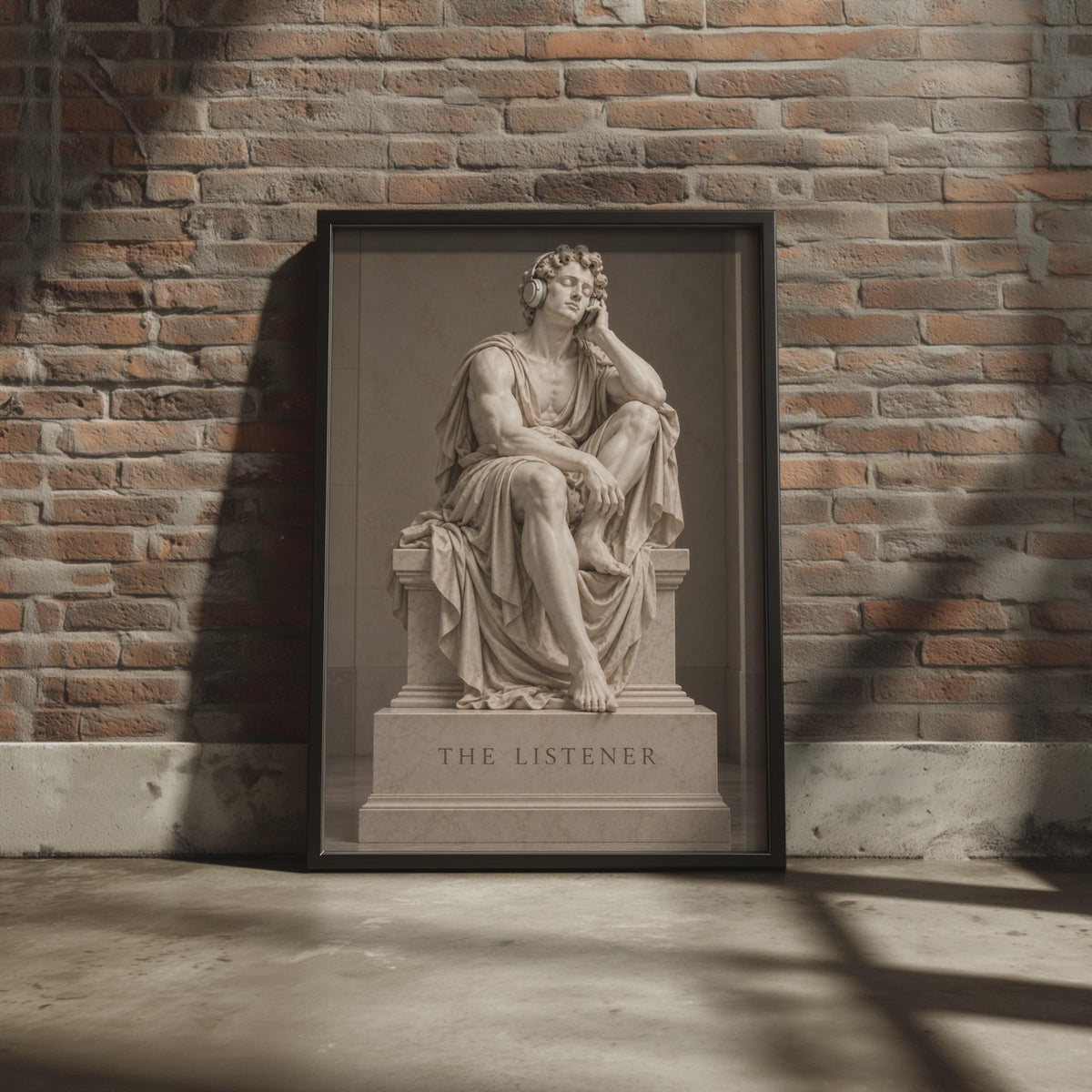 The Listener Greek Statue Poster, Classical Marble Sculpture with Headphones, Neoclassical Music Art Print