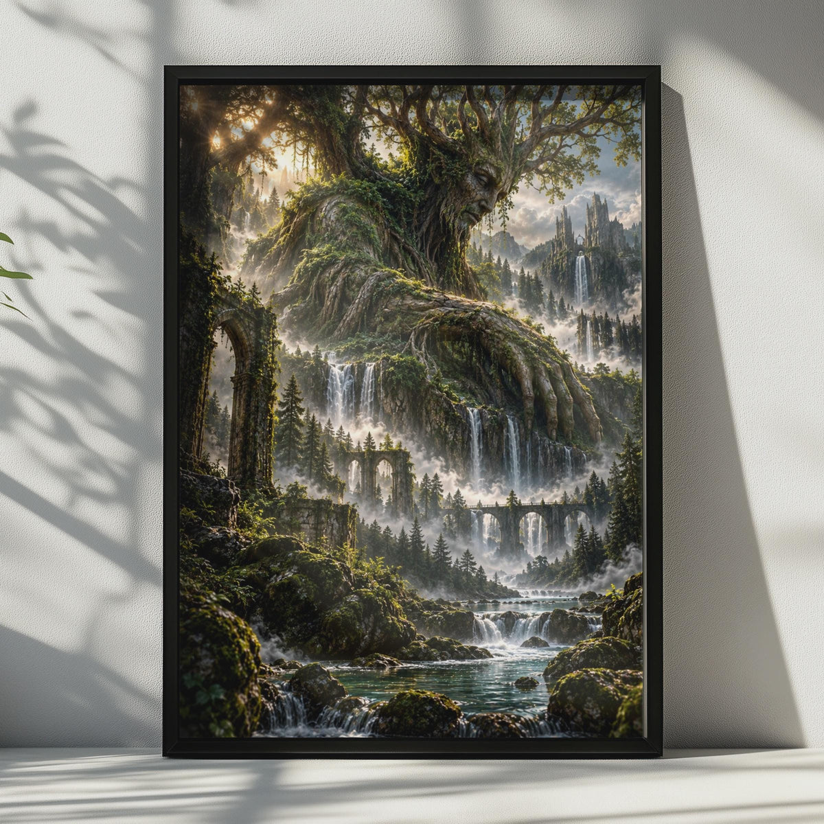 Fantasy Tree Spirit Landscape Poster, Enchanted Forest Waterfall Wall Art