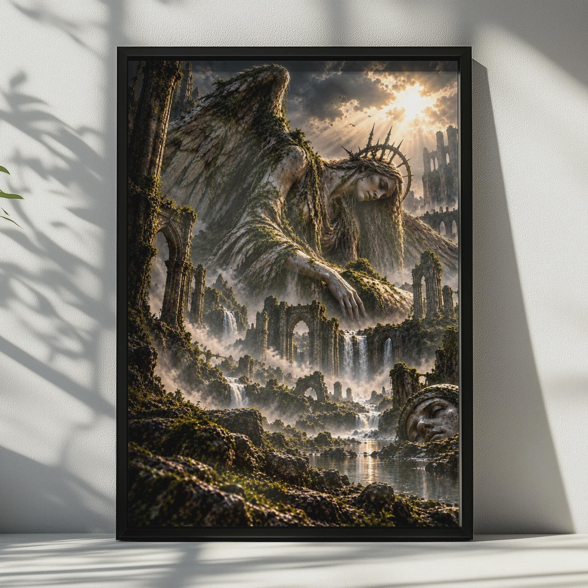 Fallen Angel Ruins Fantasy Poster, Dark Gothic Winged Goddess, Moody Surreal Wall Art