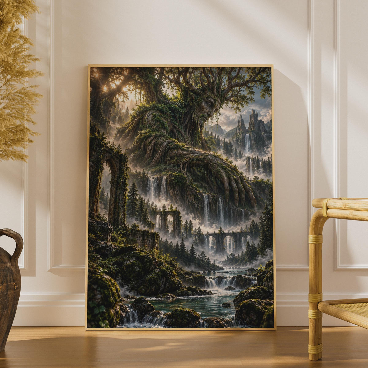 Fantasy Tree Spirit Landscape Poster, Enchanted Forest Waterfall Wall Art