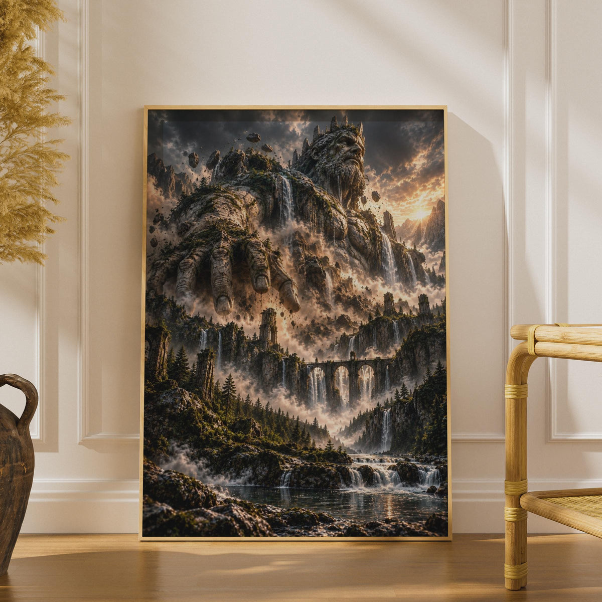 Stone Giant Fantasy Landscape Poster, Mythical Mountain God, Dark Fantasy Waterfall Forest Print