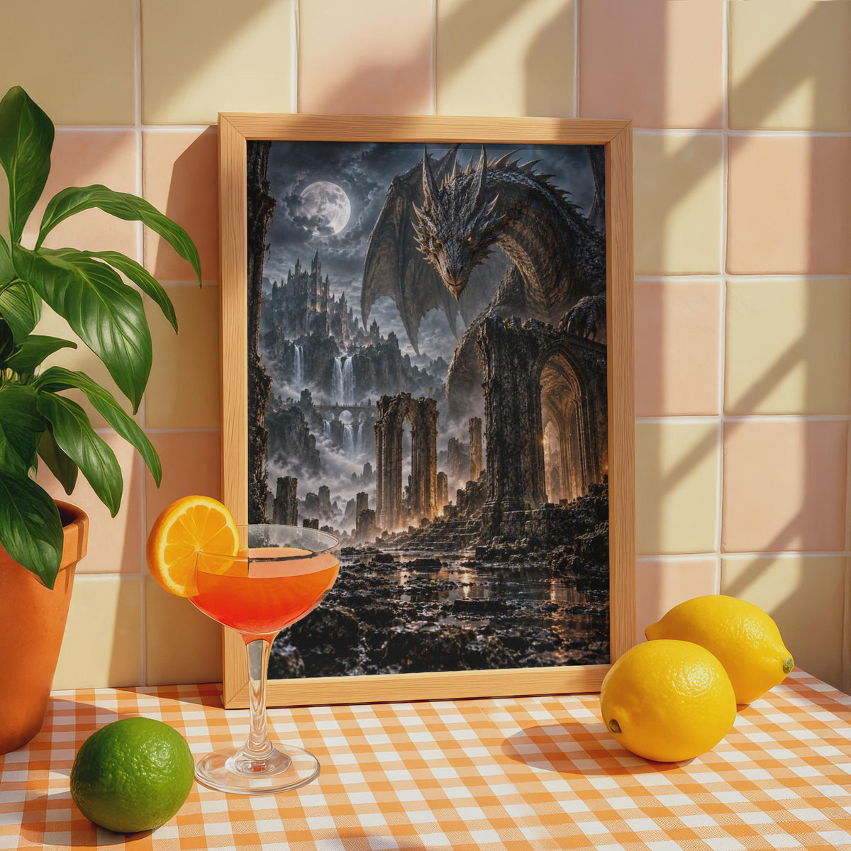 Dark Fantasy Dragon Poster, Gothic Castle Ruins, Moonlit Night Art (Print)