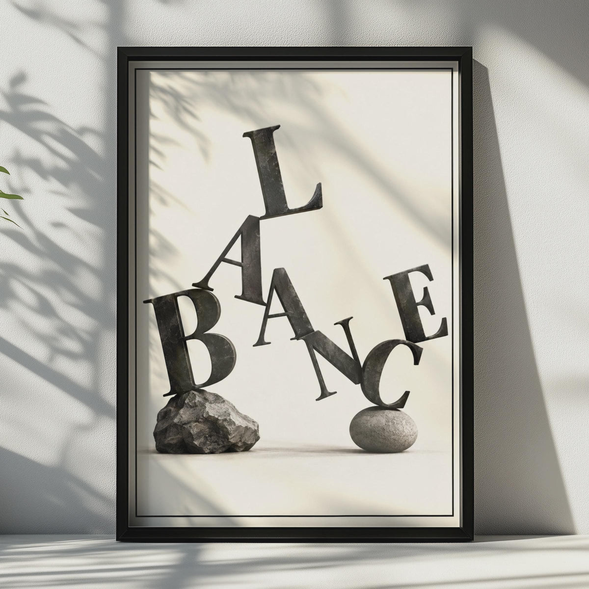 3D Typography Poster, Balance Word Art, Monochrome Stone Wall Decor