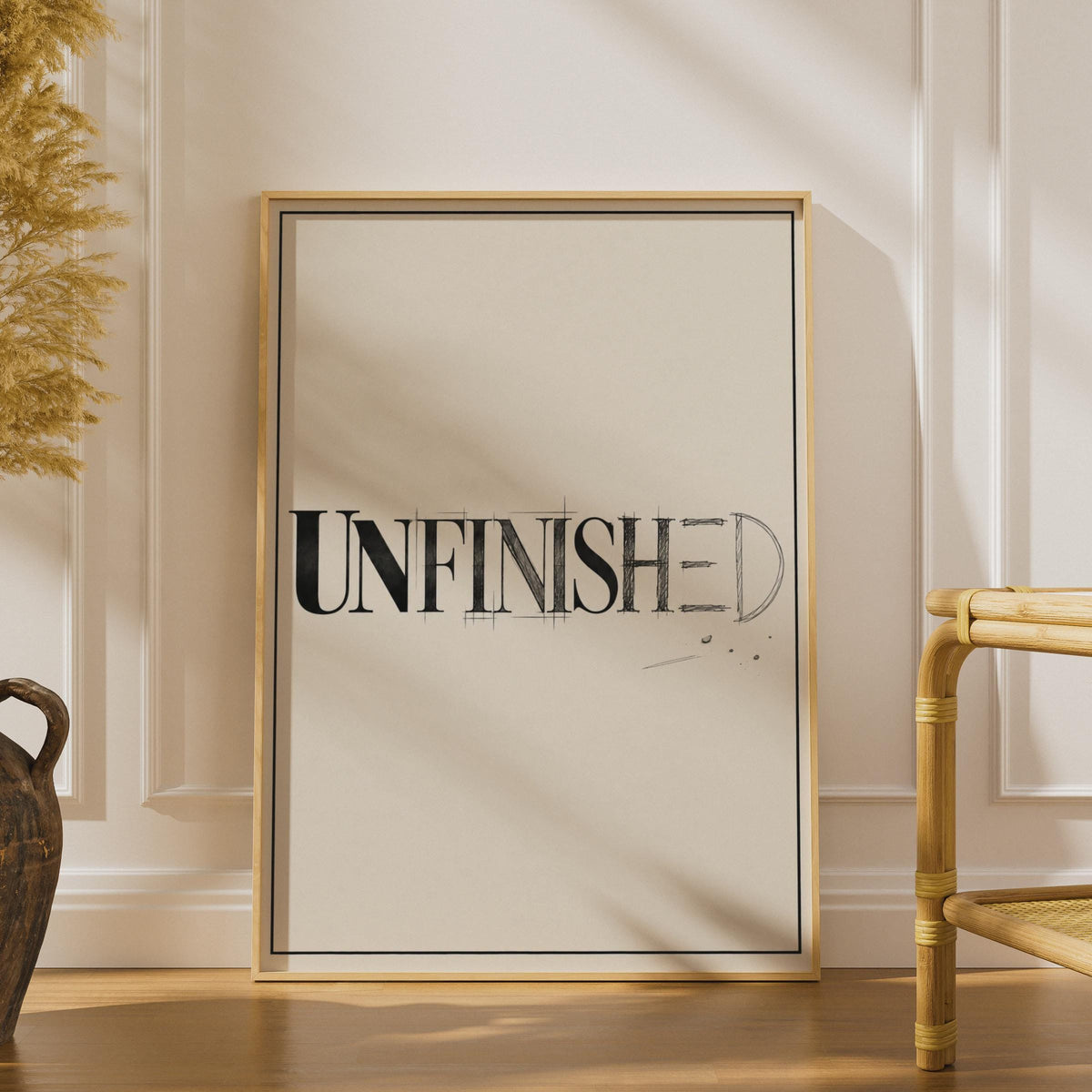 Unfinished Typography Poster, Minimalist Black White Word Art Print, Creative Studio Wall Decor
